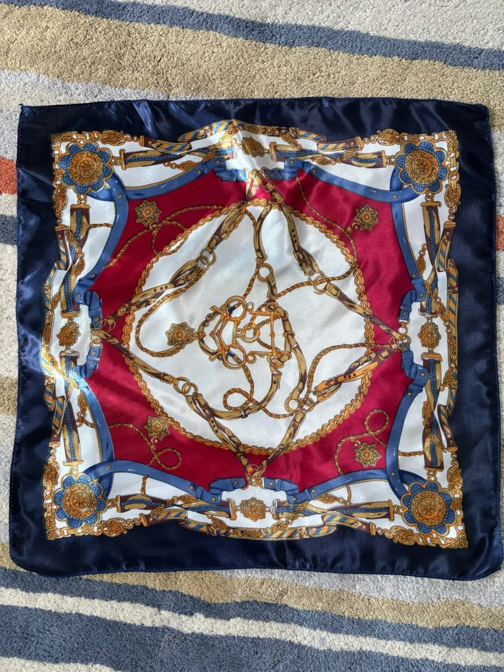 Navy, Burgundy‎ & White Chain-Print 19” Square Scarf